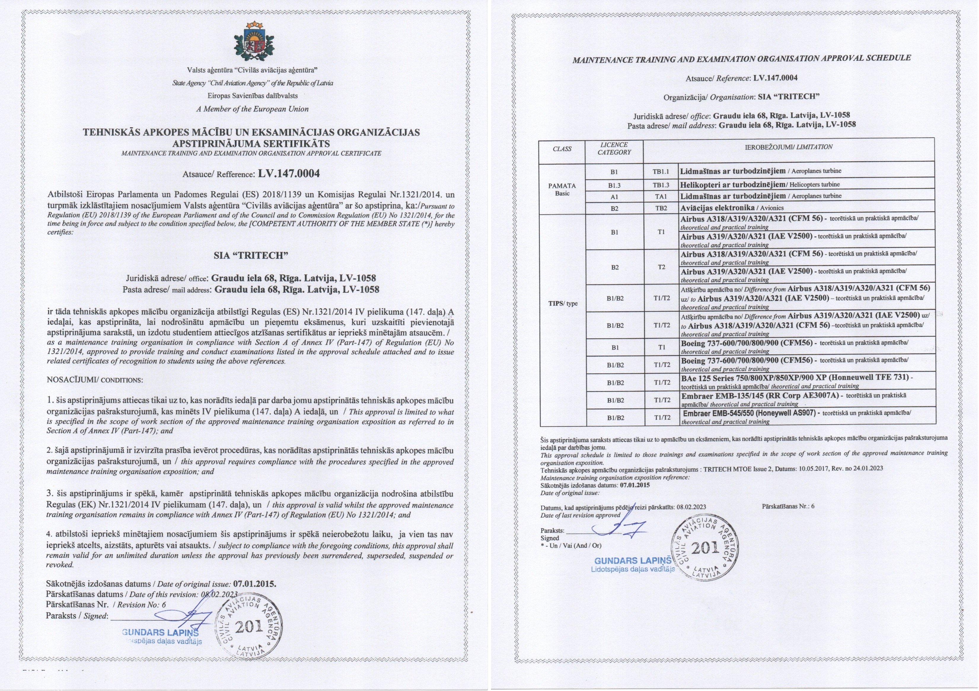 TRITECH EASA Part-147 Approval Certificate LV.147.0004