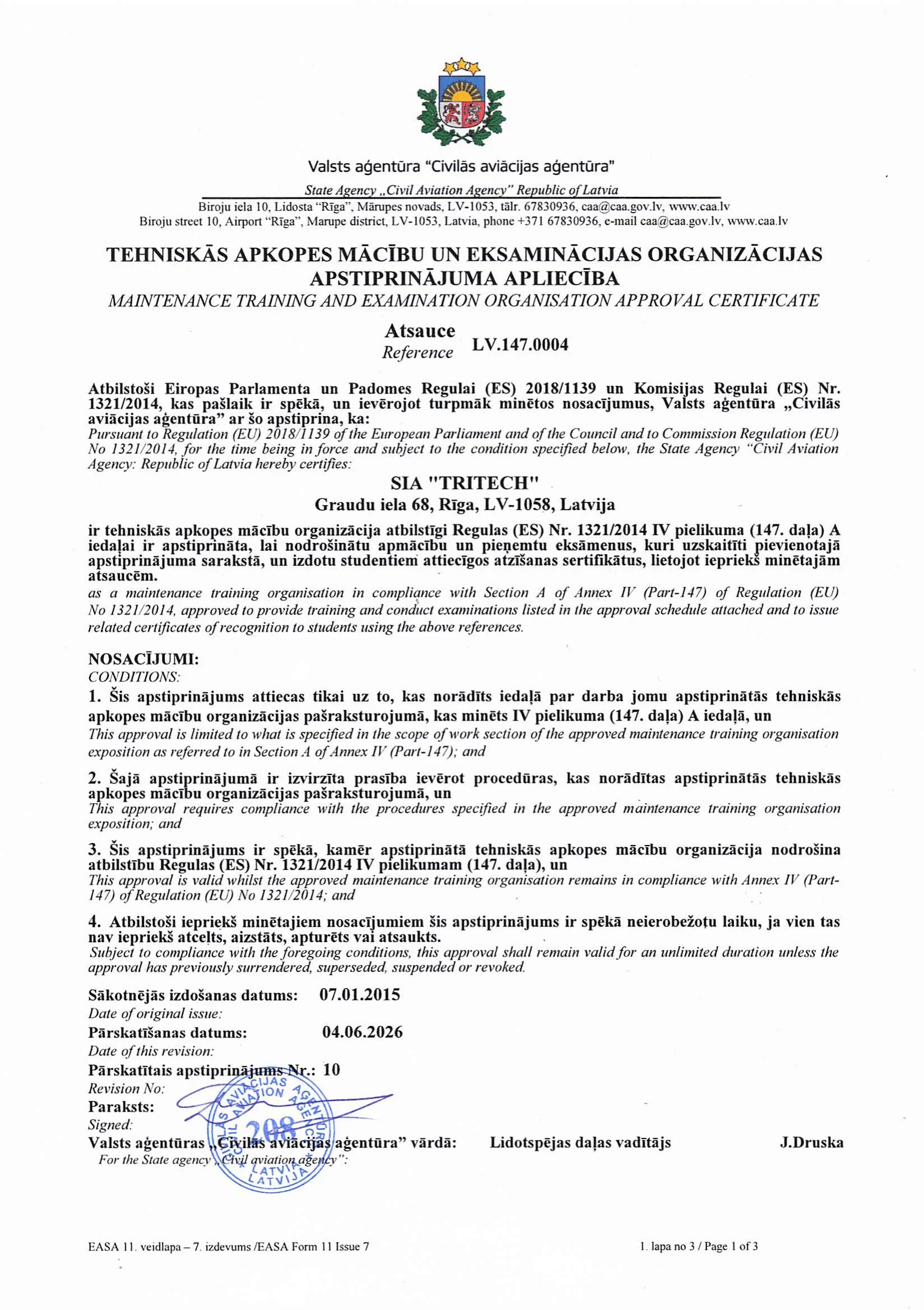 TRITECH EASA Part-147 Approval Certificate LV.147.0004